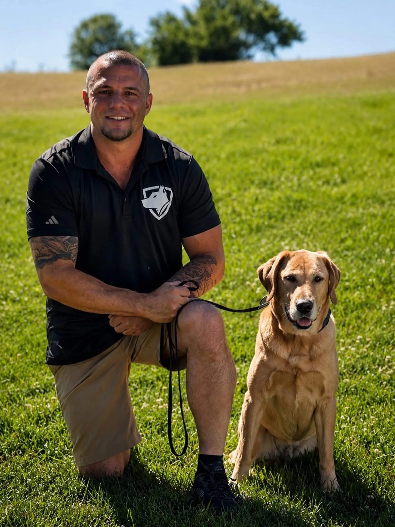 Aaron Marmon kneeling in a sunlit park beside Maddie, a calm yellow Labrador sitting at heel on a loose leash
